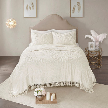 Tufted cotton chenille medallion fringe coverlet mini set off-white by HouseOfZazla on Tampa Home & Garden Store