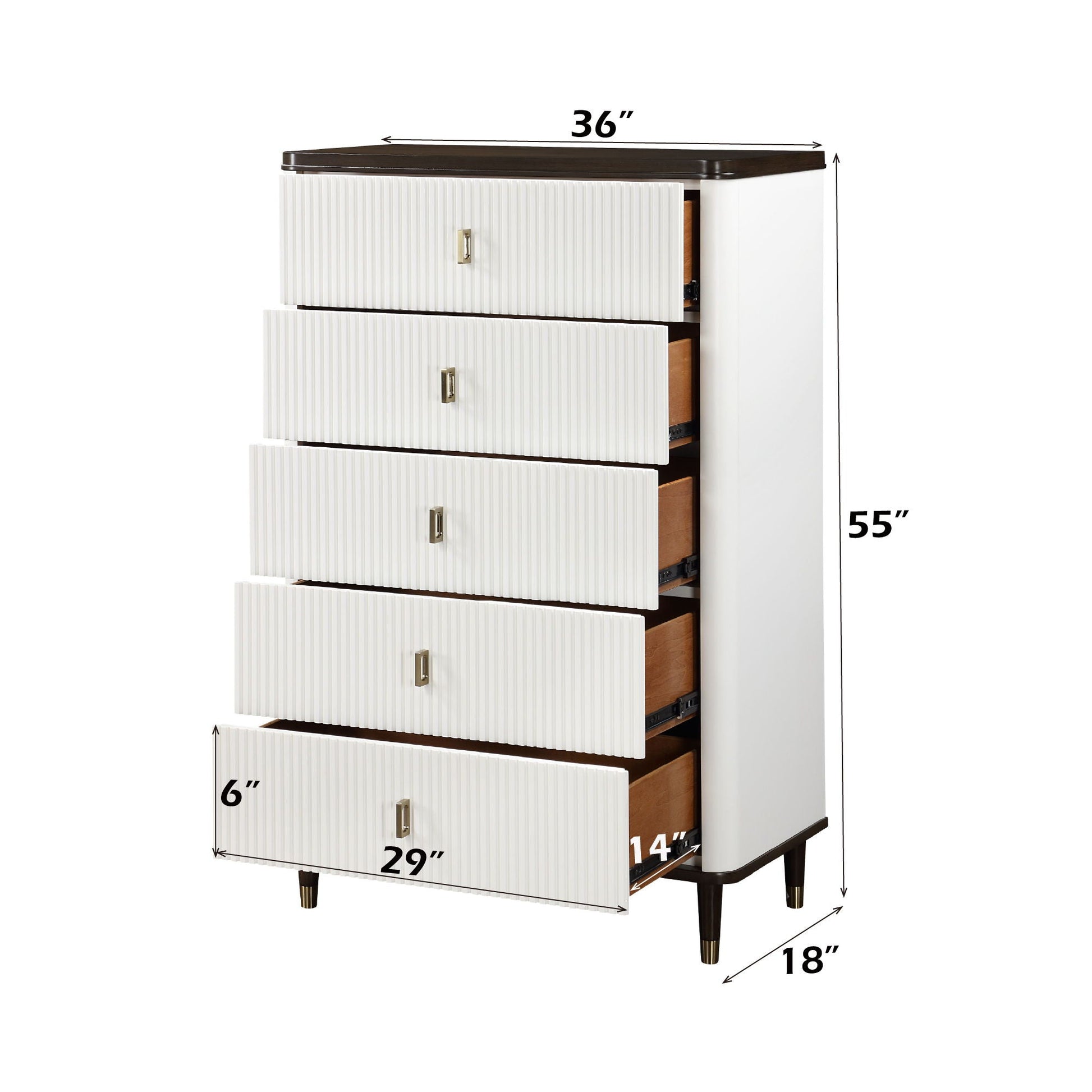 Carena 5 Piece Bedroom Set dresser component with white ribbed fronts and dark wood top on Tampa Home & Garden Store