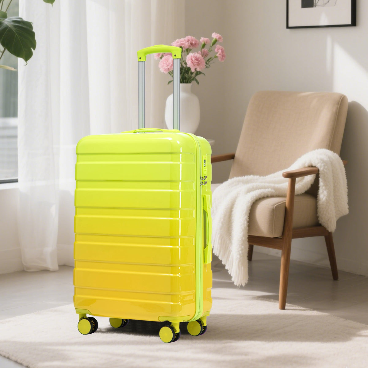HouseOfZazla 3-Piece PC Spinner Luggage Set neon yellow-green 20/24/28in hard-shell suitcases on Tampa Home & Garden Store