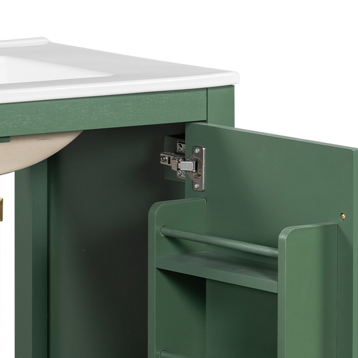 Green solid wood vanity with white top and open storage doors on Tampa Home & Garden Store