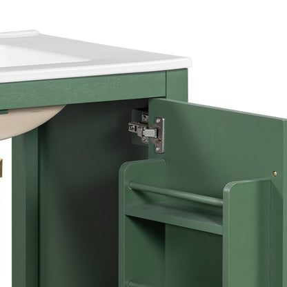 Green solid wood vanity with white top and open storage doors on Tampa Home & Garden Store