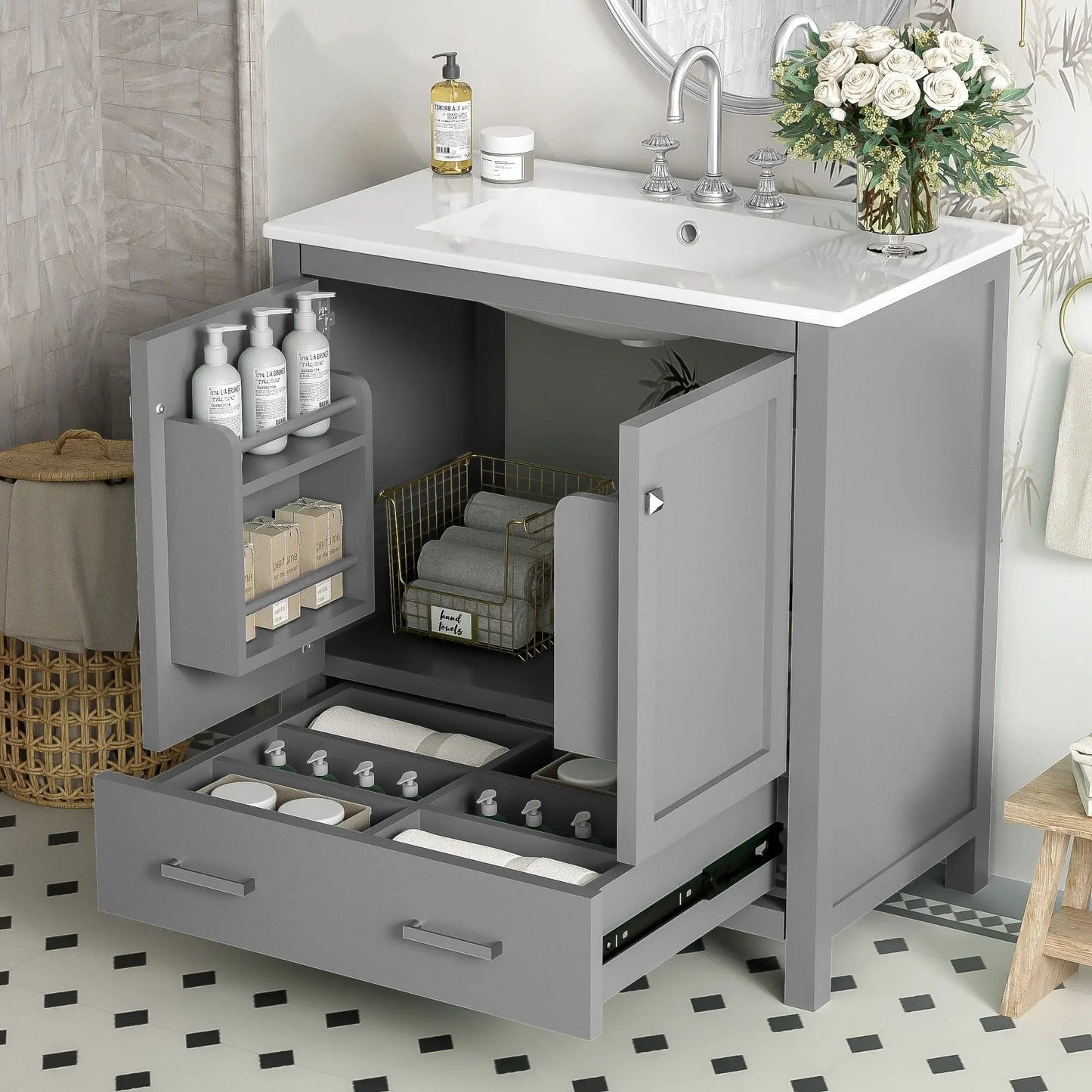 Bathroom vanity in gray with white countertop, undermount sink, two-door, drawer, soft close on Tampa Home & Garden Store