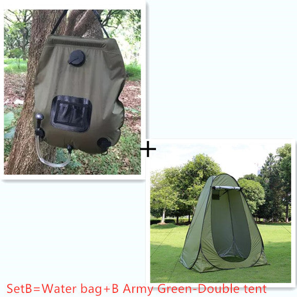 Portable privacy shower/toilet tent for camping in army green with a windowed front panel on Tampa Home & Garden Store