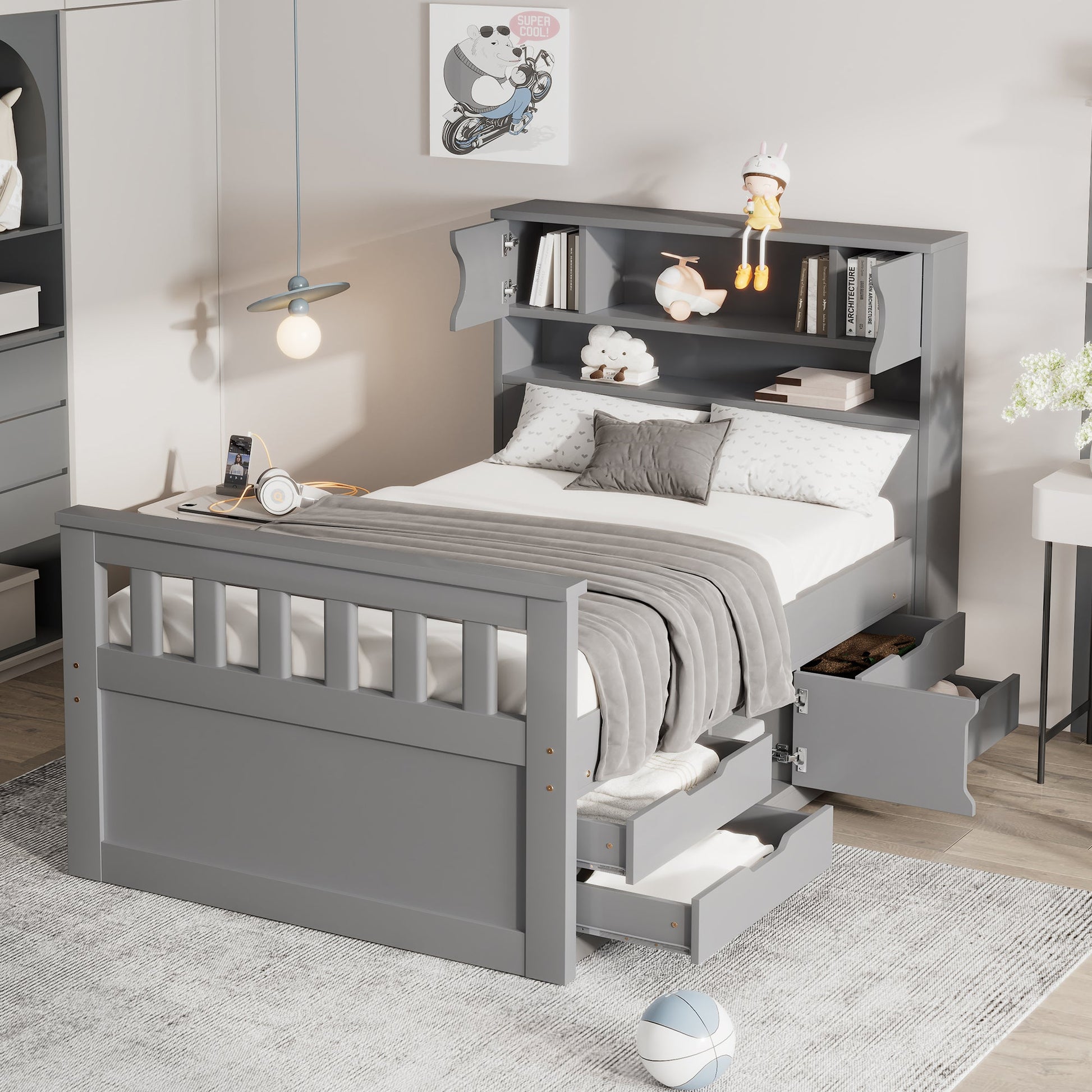 Twin Size Captain Platform Bed Frame with Storage Bookcases and Shelves,Four Drawers, Gray - Tampa Home & Garden Store