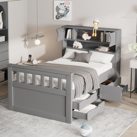 Twin Size Captain Platform Bed Frame with Storage Bookcases and Shelves,Four Drawers, Gray - Tampa Home & Garden Store