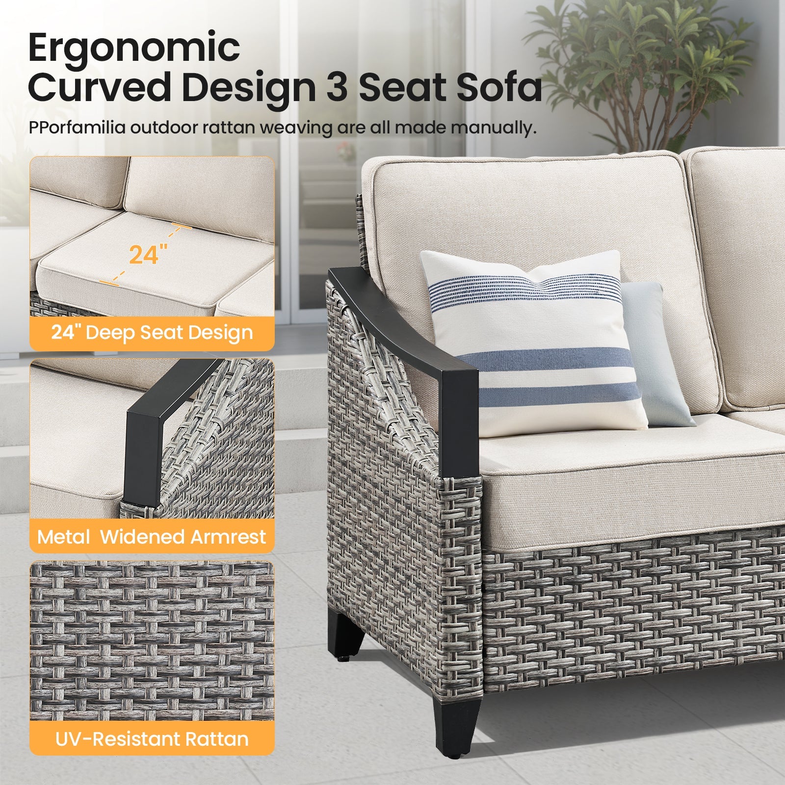 HouseOfZazla 73.4in Wide Outdoor Wicker Sofa with UV-resistant rattan and metal armrests on Tampa Home & Garden Store