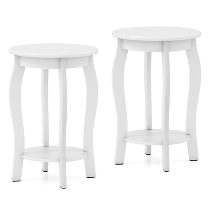 Set of 2 15 Inch 2-Tier Round End Table with Storage Shelf-Walnut