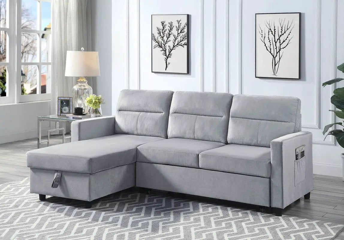 Ruby reversible sleeper sectional with storage chaise in light gray, side pocket by Unique Piece on Tampa Home & Garden Store