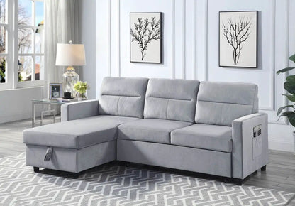 Ivy reversible sleeper sectional with storage chaise and side pocket in light gray fabric on Tampa Home & Garden Store
