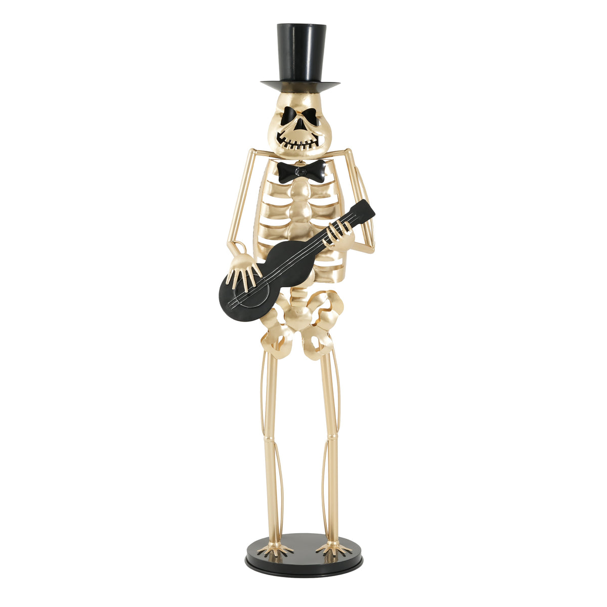 Black Metal Skeleton Musician Statue with top hat, bow tie, and black guitar on black base on Tampa Home & Garden Store