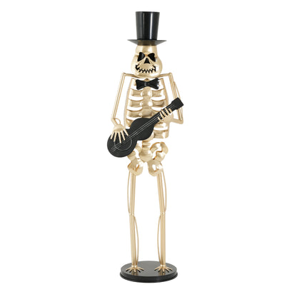 Black Metal Skeleton Musician Statue with top hat, bow tie, and black guitar on black base on Tampa Home & Garden Store