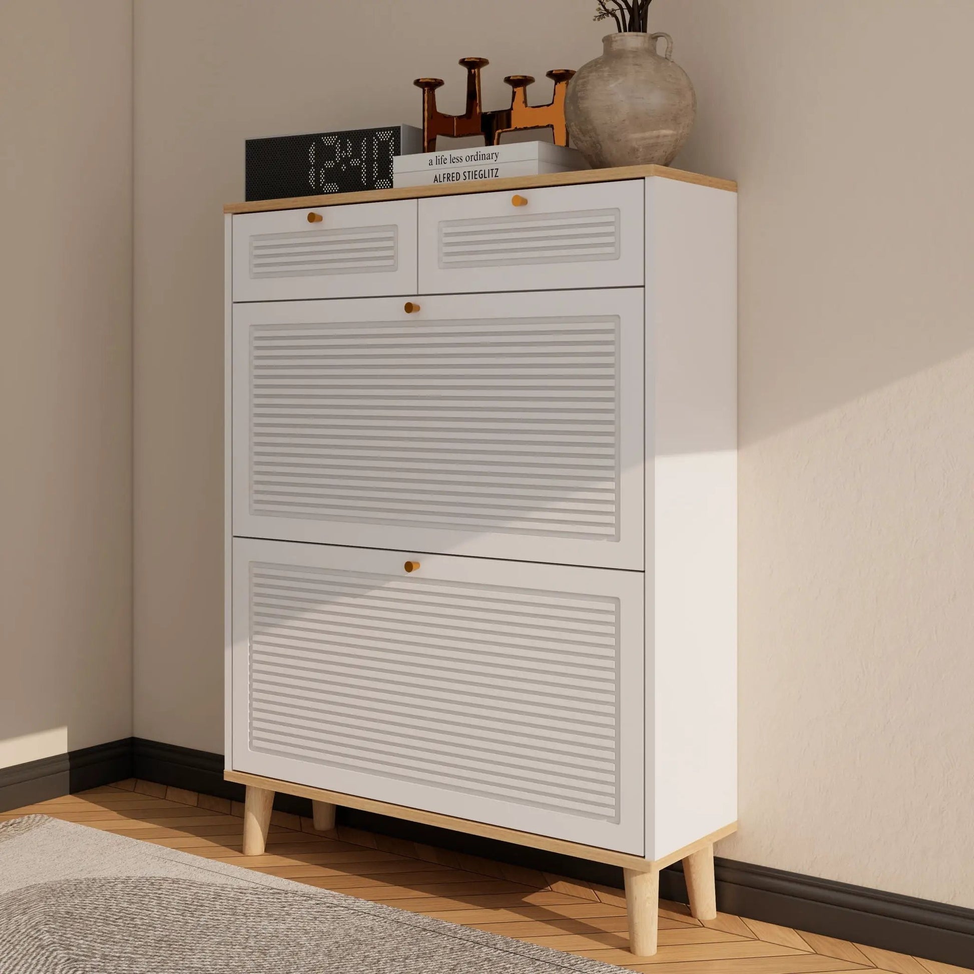 White shoe cabinet with wood top and slatted doors Unique Piece Furniture on Tampa Home & Garden Store