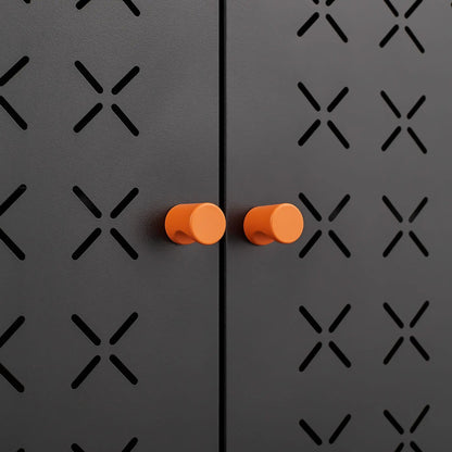 Grid double-door shoe cabinet by Unique Piece with orange knobs on dark perforated metal panels on Tampa Home & Garden Store