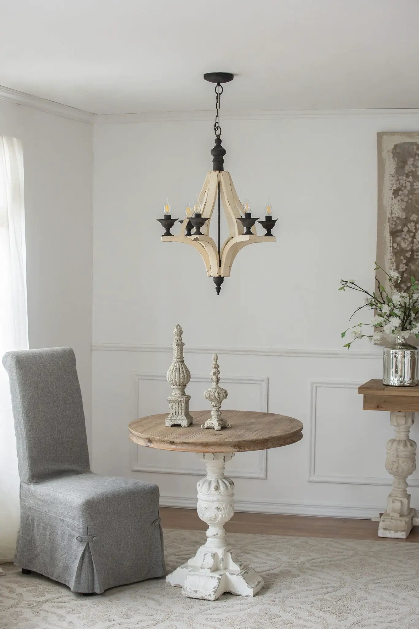 6 Light Wood Chandelier in cream with curved arms and adjustable chain on Tampa Home & Garden Store