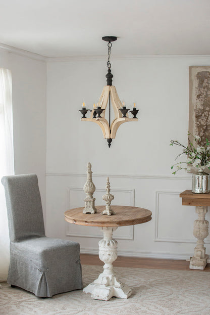 6-light cream wood chandelier by HouseOfZazla with adjustable chain and candle-style bulbs on Tampa Home & Garden Store