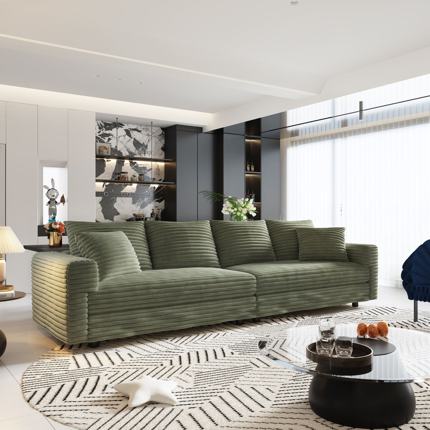 4-seat Cloud Couch in olive green ribbed upholstery with rounded arms in a modern living room on Tampa Home & Garden Store