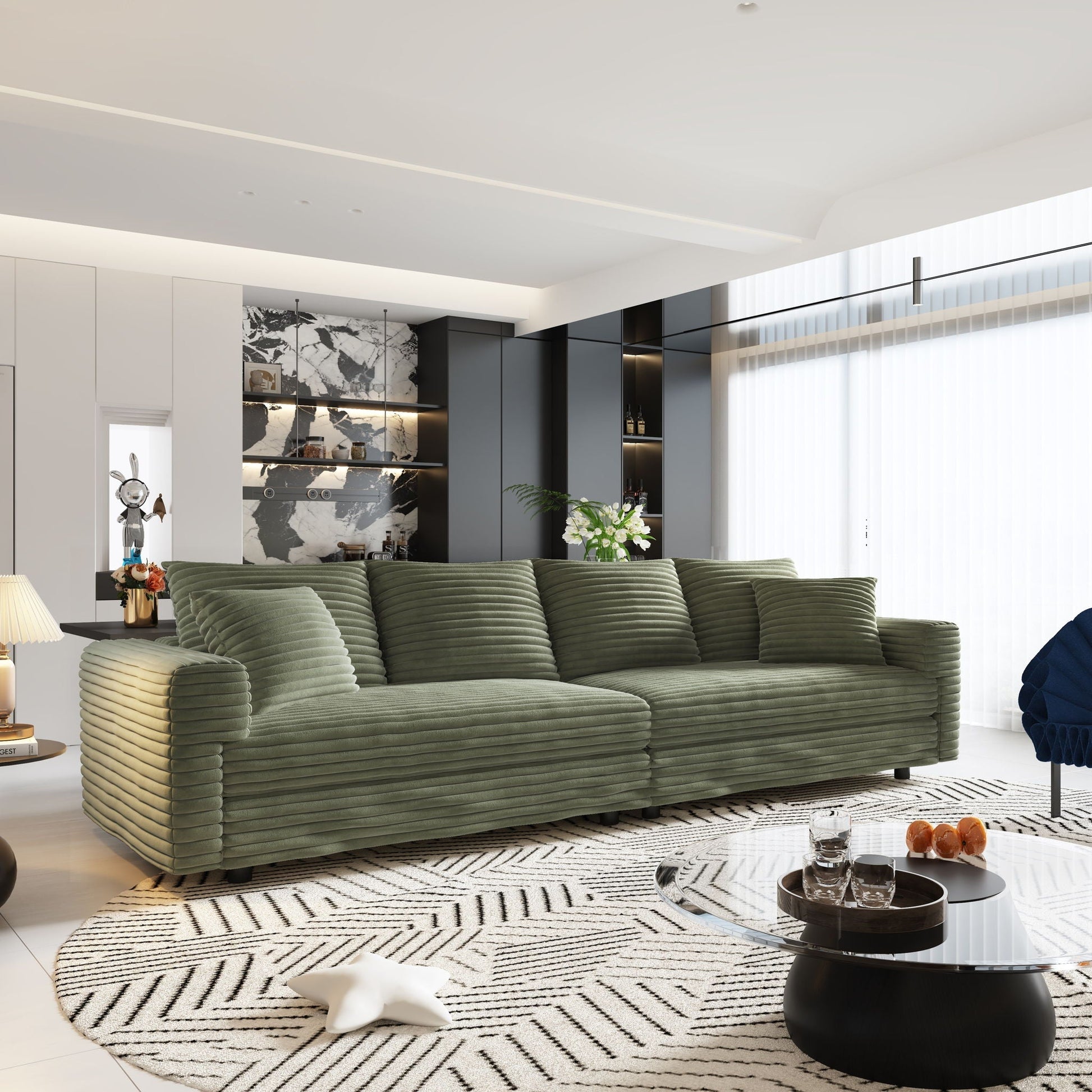 4-seat Cloud Couch in olive green ribbed upholstery with rounded arms in a modern living room on Tampa Home & Garden Store