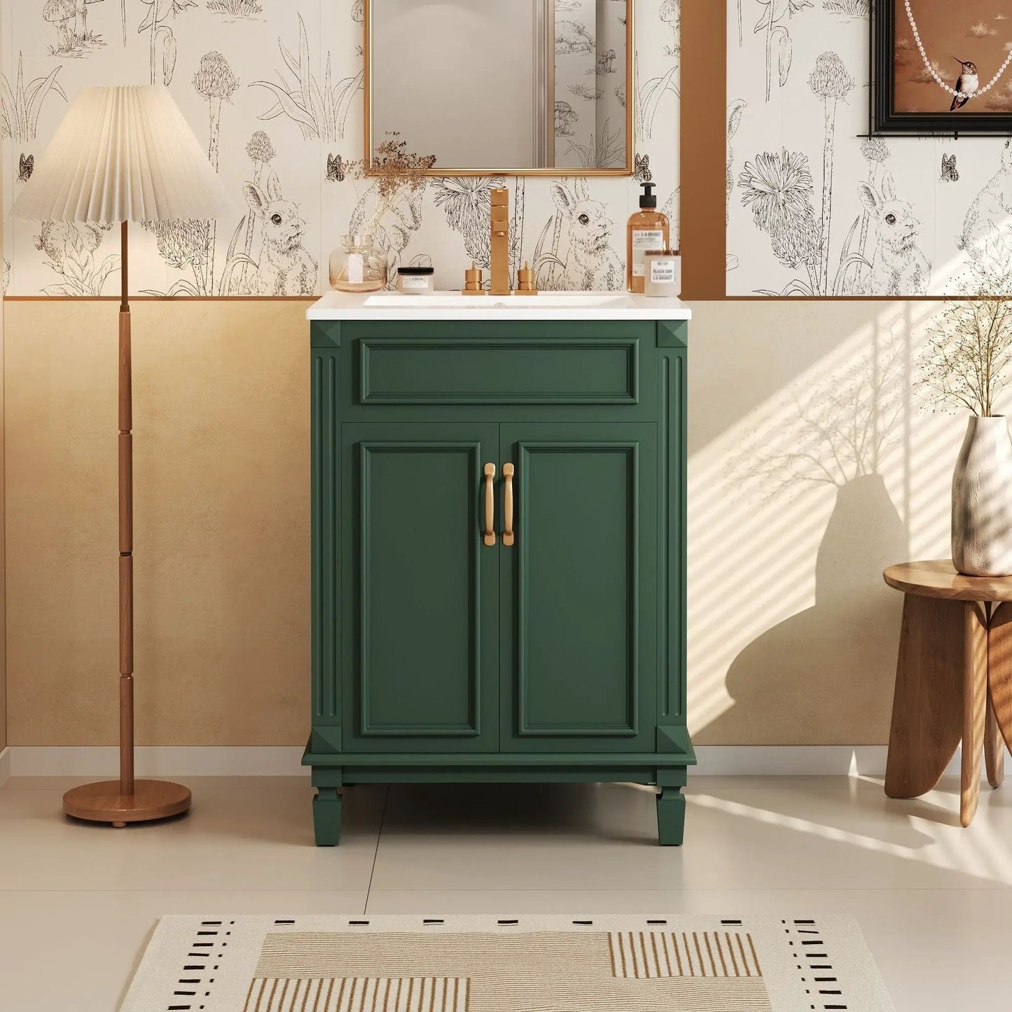 Bathroom vanity with top sink, green cabinet with two soft closing doors and gold hardware on Tampa Home & Garden Store