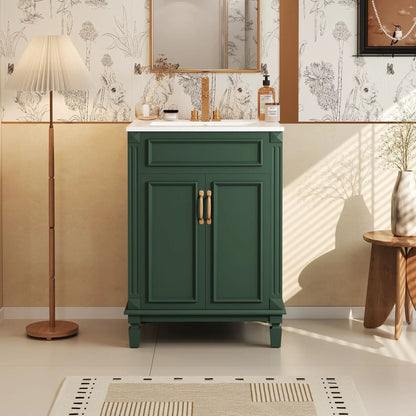 Bathroom vanity with top sink, green cabinet with two soft closing doors and gold hardware on Tampa Home & Garden Store