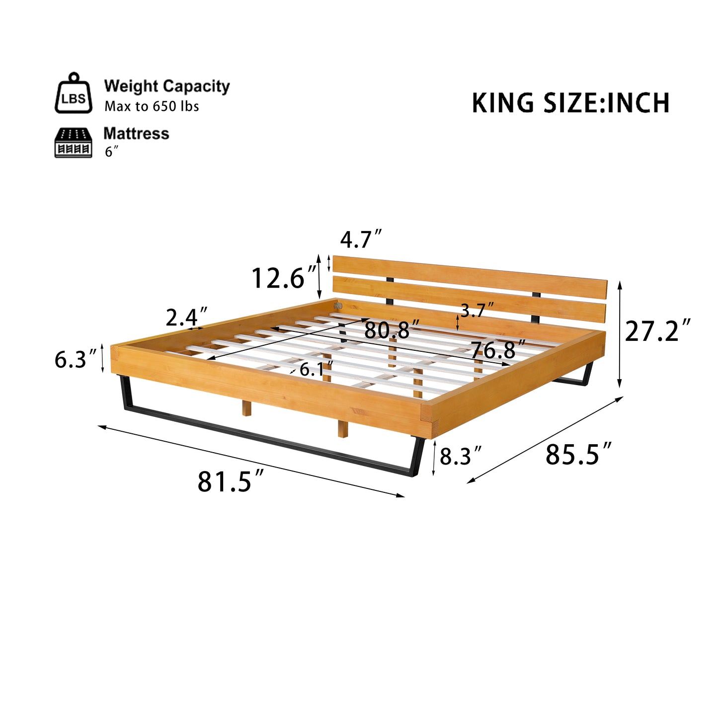 Solid Pine Wood Bed Frame and Black Accents