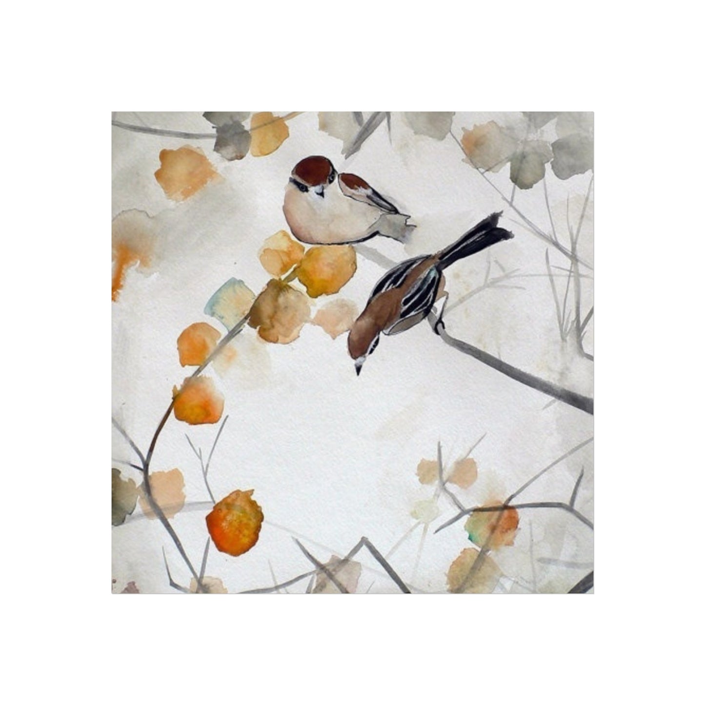 Watercolor Bird Art Poster — Autumn Sparrow by Mai Autumn, brown sparrows among orange leaves on Tampa Home & Garden Store