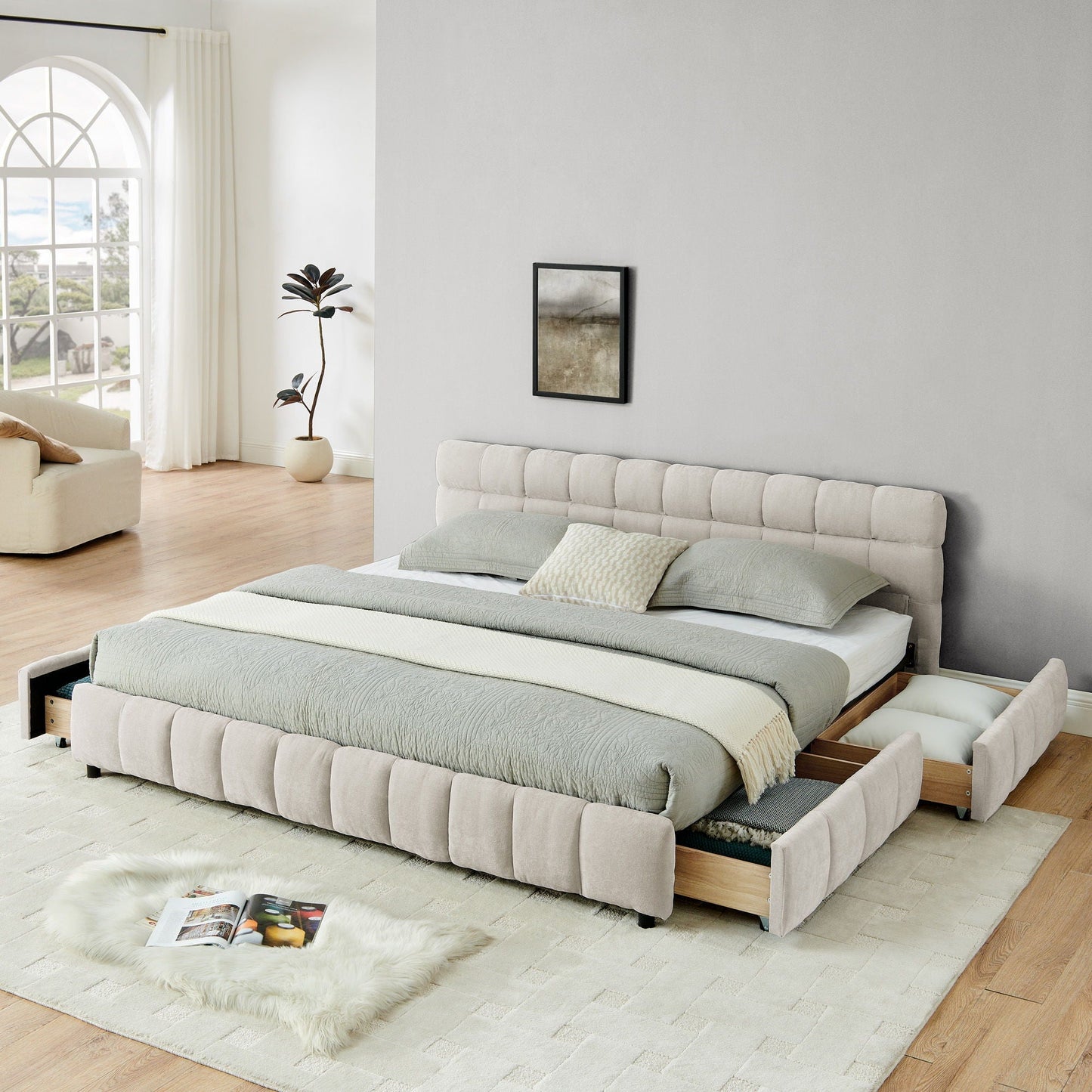 Modern Platform Bed and Thick Fabric Headboard