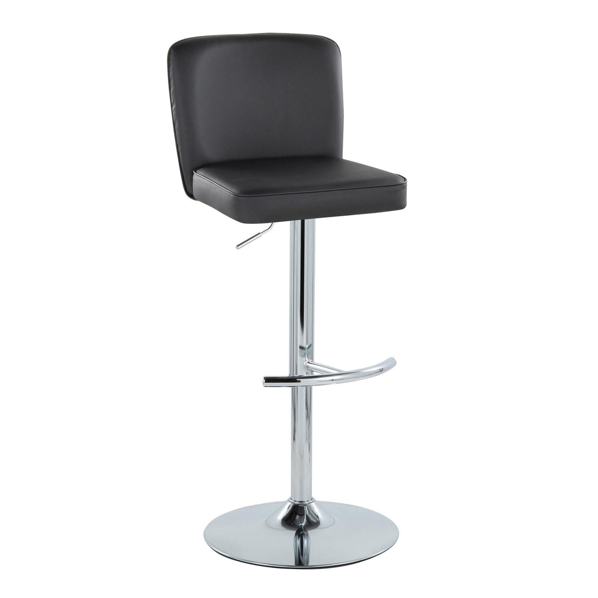 Contemporary adjustable barstool with swivel and T‑footrest, black faux leather on chrome base on Tampa Home & Garden Store