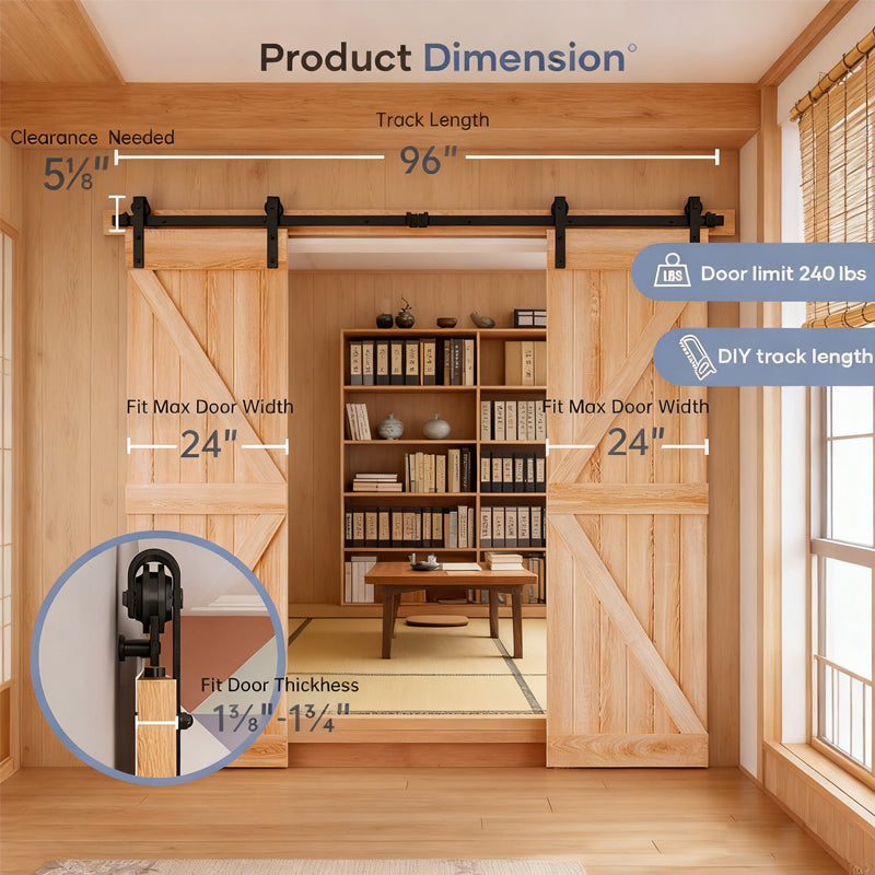 8 ft double sliding barn door track and handle kit in black metal by HouseOfZazla for two doors on Tampa Home & Garden Store