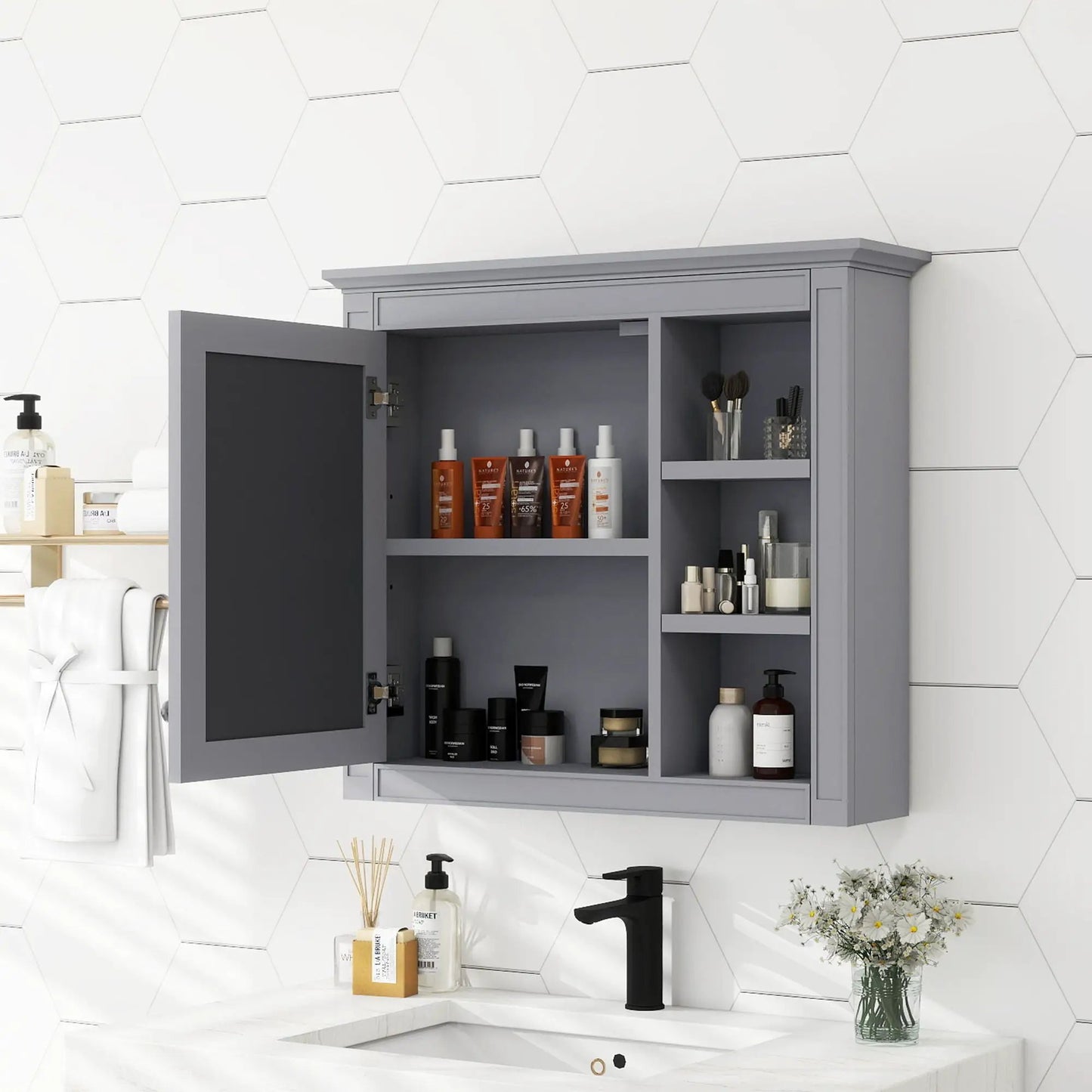 Wall Mounted Cabinet With Mirror and Open Shelves