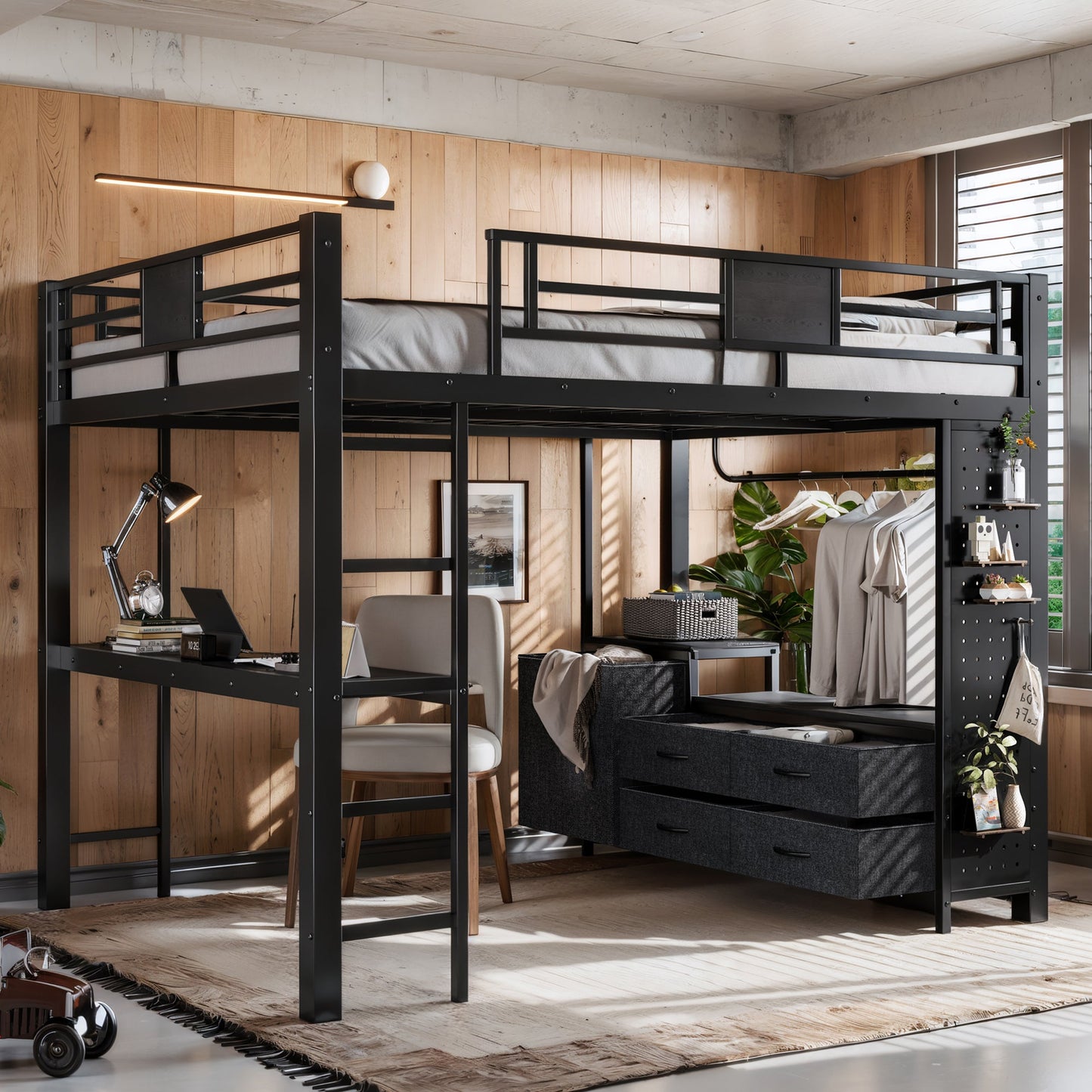 Queen Size Loft Bed with Desk & Shelves in black metal frame; compact workstation on Tampa Home & Garden Store