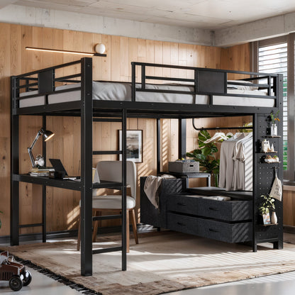 Queen Size Loft Bed with Desk & Shelves in black metal frame; compact workstation on Tampa Home & Garden Store