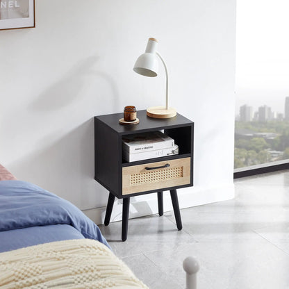 15.75in Rattan End Table with Drawer and Solid Wood Legs, black finish with rattan front drawer on Tampa Home & Garden Store