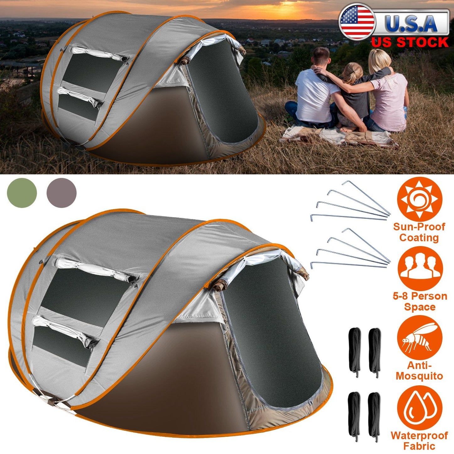 GemGear 3-4 Person Pop Up Tent with gray and orange trim, mosquito net windows on Tampa Home & Garden Store