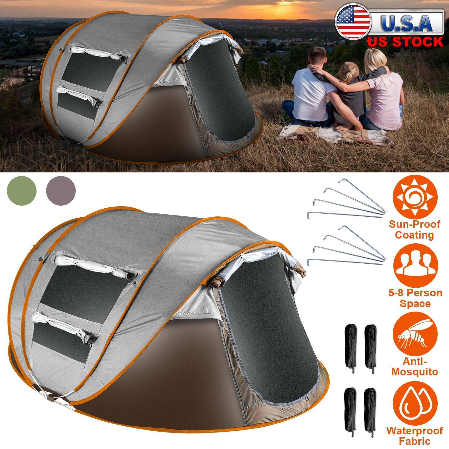 GemGear 3-4 Person Pop Up Tent with gray and orange trim, mosquito net windows on Tampa Home & Garden Store