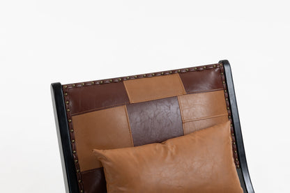 Modern Boho Accent Chair by HouseOfZazla, brown leather patchwork with brass nailhead trim on Tampa Home & Garden Store