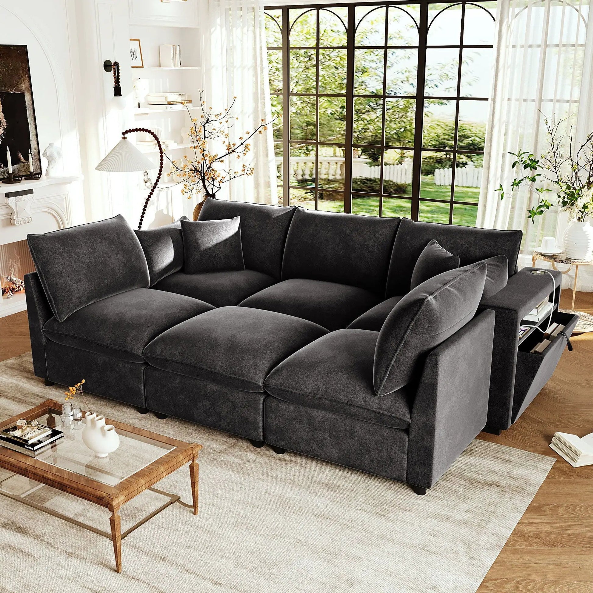 Modern U-shaped sectional sofa, two-piece dark charcoal fabric in a bright room on Tampa Home & Garden Store