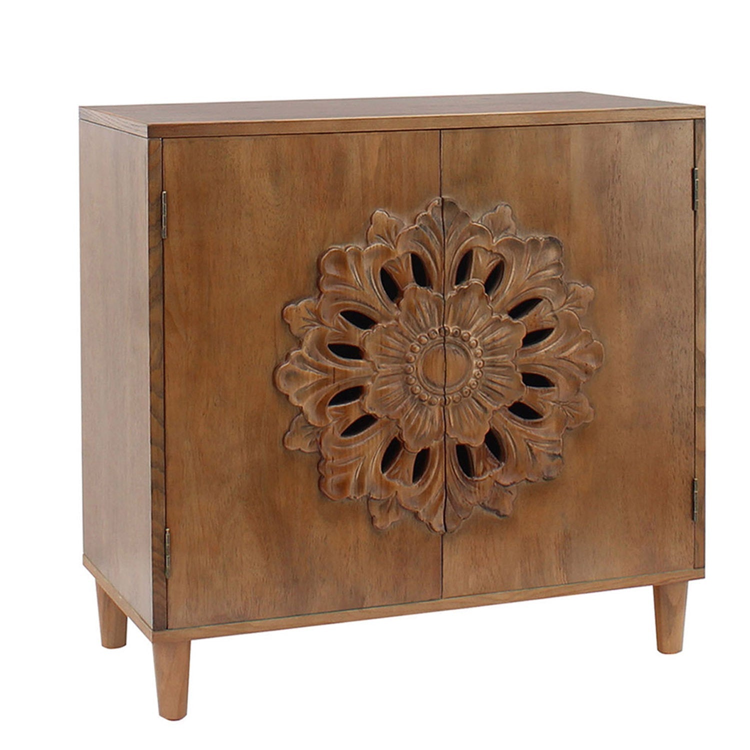 Rustic hand-carved wooden 2-door cabinet featuring a bold floral medallion on Tampa Home & Garden Store