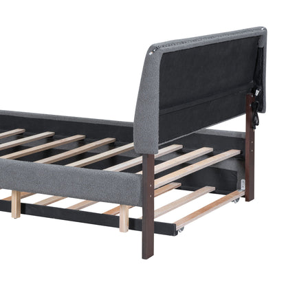Upholstered platform bed with gray boucle fabric, black frame and wood slats, trundle on Tampa Home & Garden Store