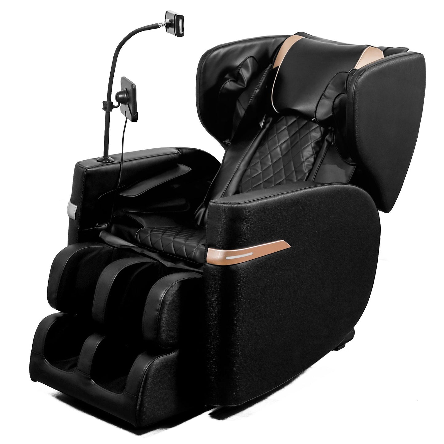 Massage chair recliner in black leather with quilted seat and built-in foot massager on Tampa Home & Garden Store