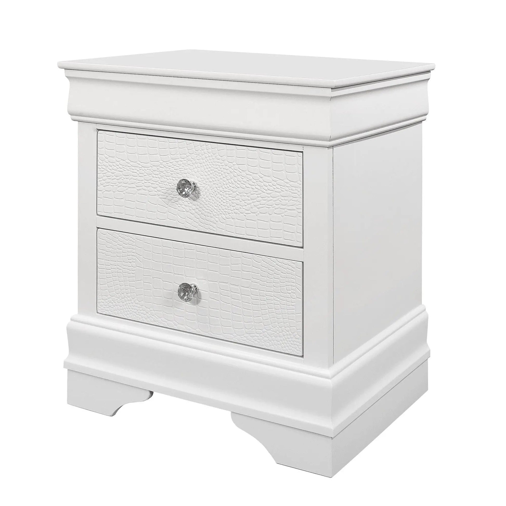 Shaker Crocodile Metallic Nightstand with crocodile-textured fronts and crystal knobs, white finish on Tampa Home & Garden Store