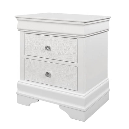 Shaker Crocodile Metallic Nightstand with crocodile-textured fronts and crystal knobs, white finish on Tampa Home & Garden Store