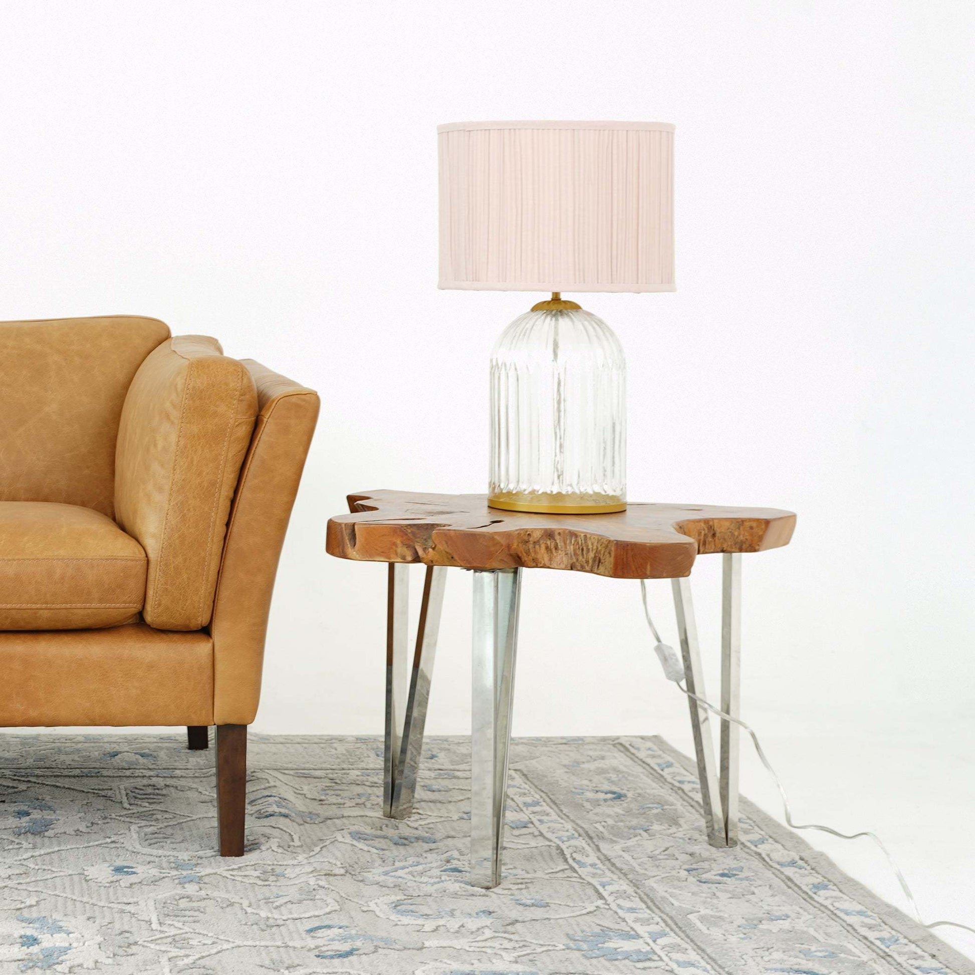 Nordic solid wood table lamp with Nebulis LED, clear glass base, pink shade and gold hardware on Tampa Home & Garden Store