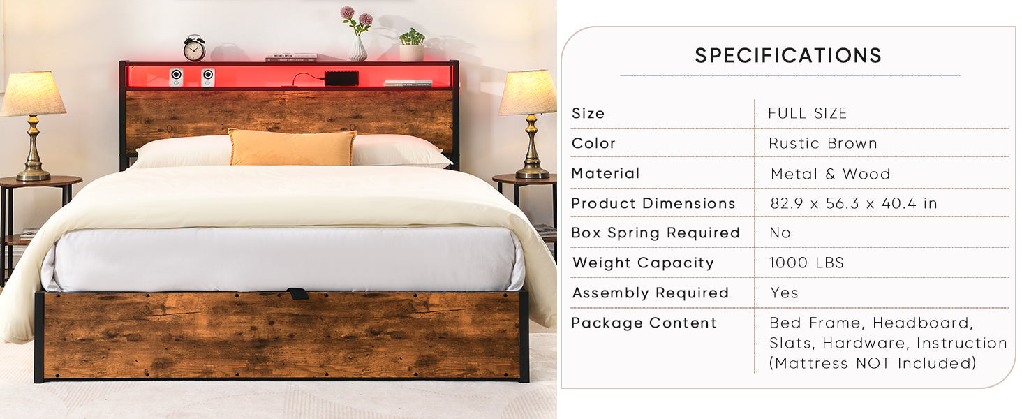 Elevating storage bed frame, full-size bed frame with bookshelf headboard and LED lights, with country brown color - Tampa Home & Garden Store