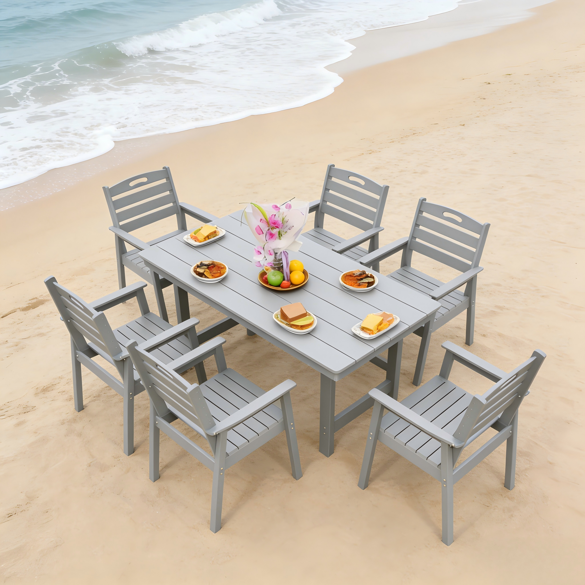 HDPE Outdoor Patio Dining Set - Table and Six Chairs, gray, HouseOfZazla on Tampa Home & Garden Store