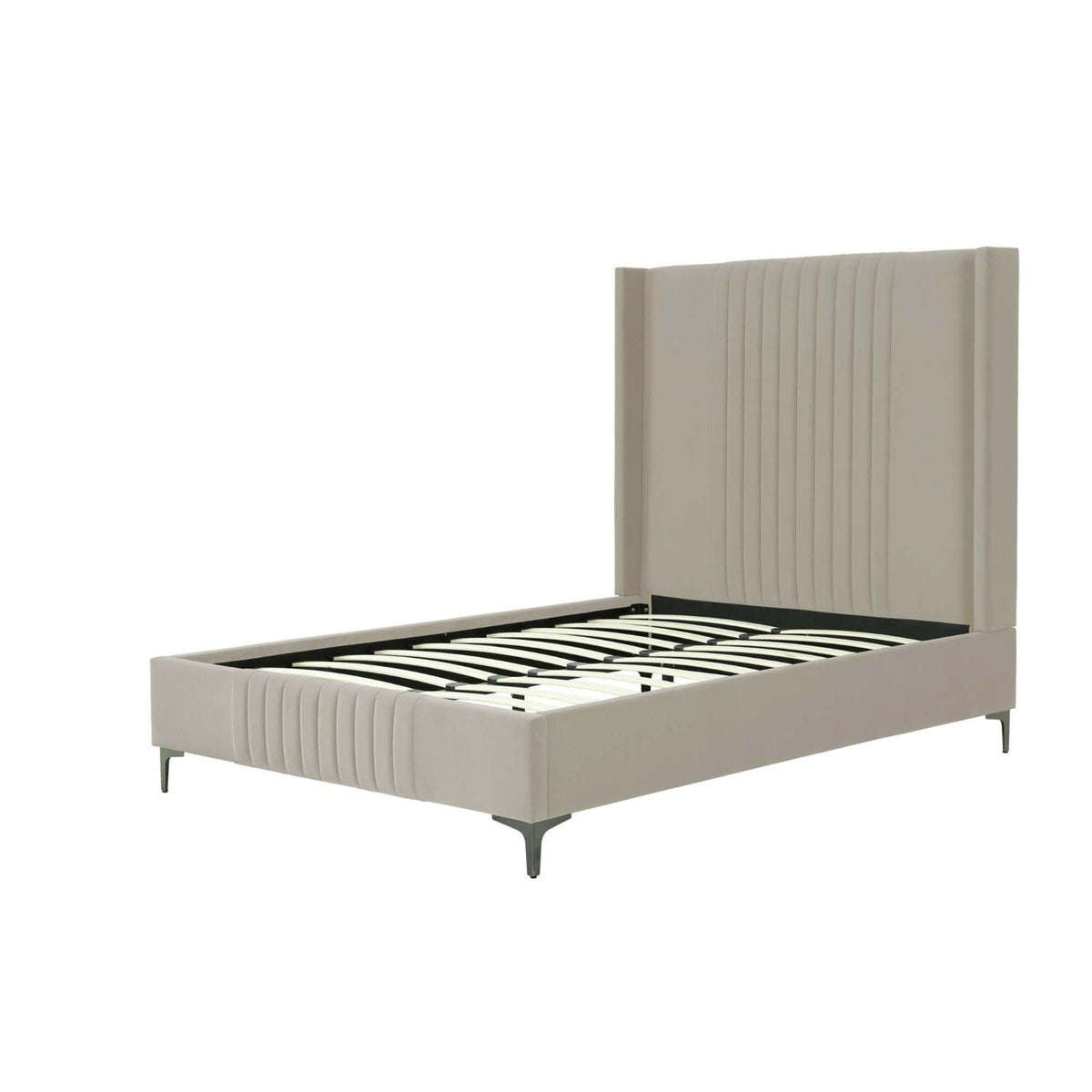 Promenade upholstered bed with beige headboard and slats, tufted panel, metal legs HouseOfZazla on Tampa Home & Garden Store