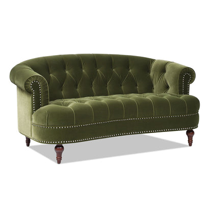 HouseOfZazla Victorian Chesterfield loveseat in green velvet, tufted back, nailhead trim, wood feet on Tampa Home & Garden Store