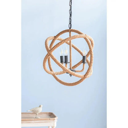 3 Light Farmhouse Chandelier with rope globe design beige brown finish and adjustable chain bulb not included on Tampa Home & Garden Store