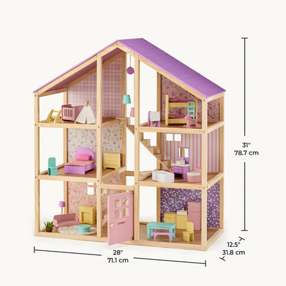 Dollhouse Tiny Land Sweetwood without Dolls, wooden multiroom playhouse with purple roof on Tampa Home & Garden Store