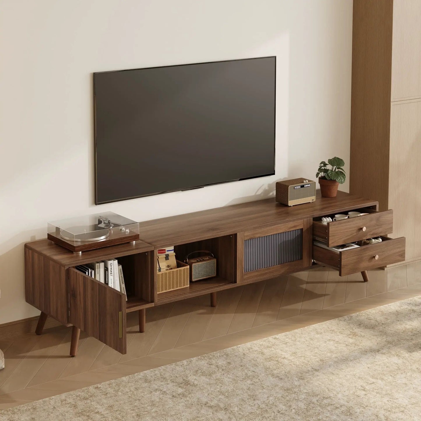 Doors TV Stand by Unique Piece Furniture in natural wood with cabinets and shelves on Tampa Home & Garden Store
