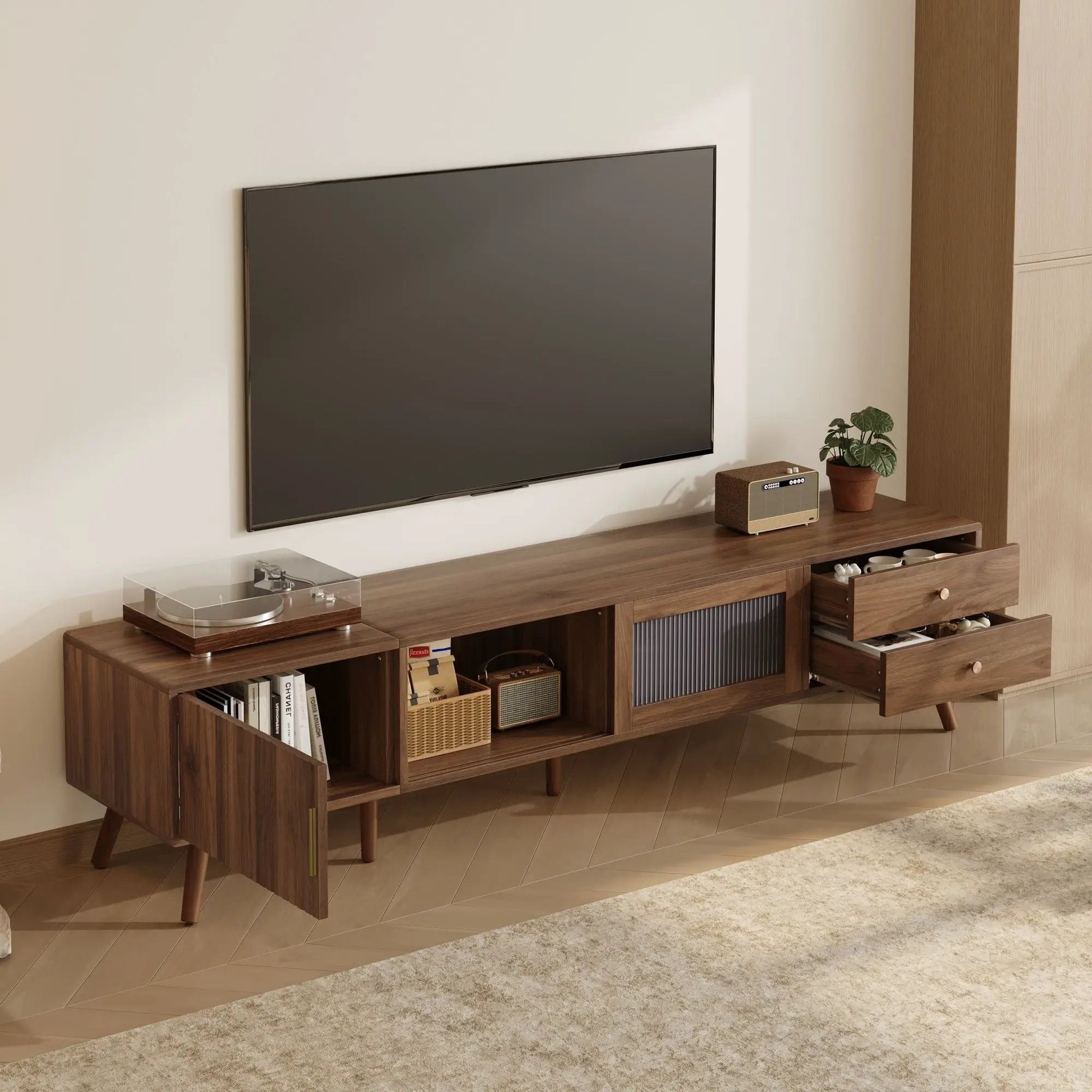 Doors TV Stand by Unique Piece Furniture in natural wood with cabinets and shelves on Tampa Home & Garden Store